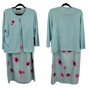 Donna Morgan Silk 2pc‎ Dress Set Pastel Floral Sleeveless Sheath Cardigan Sz 14